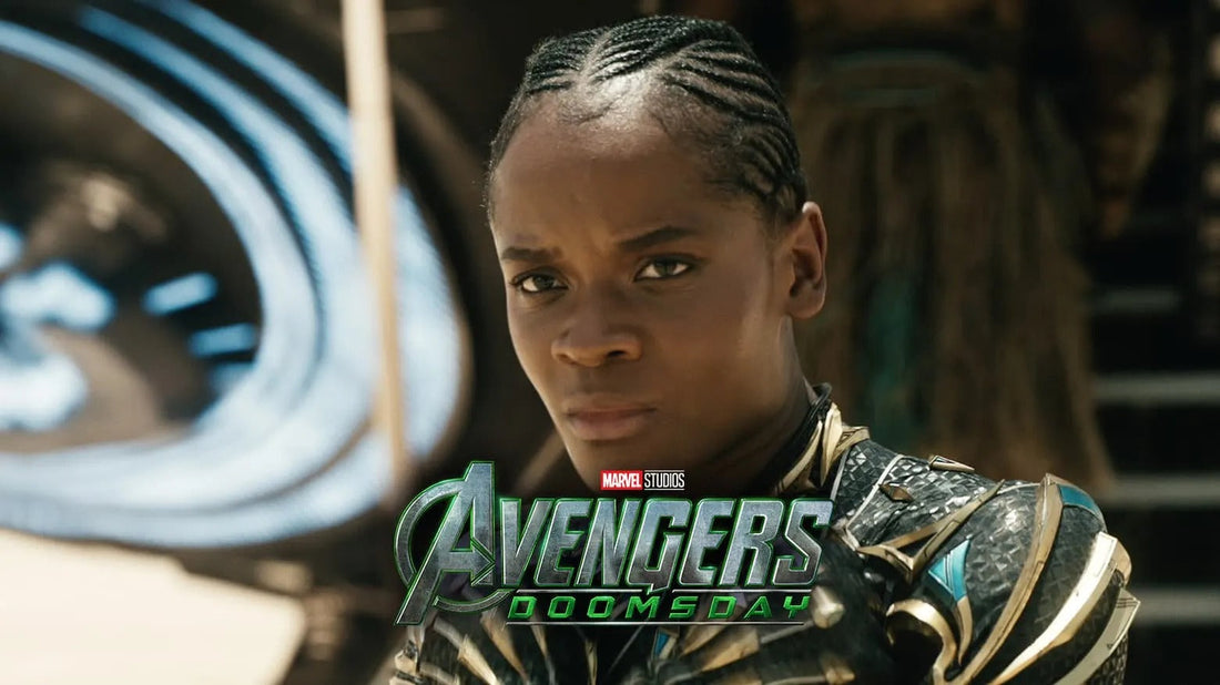 Letitia Wright as Shuri in her Black Panther suit next to the Avengers: Doomsday logo