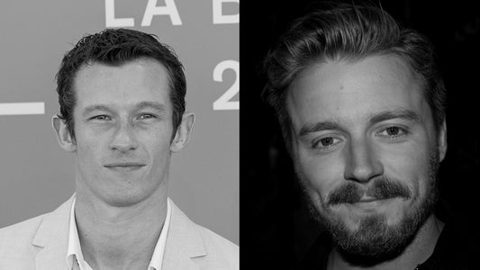 Black and white photos of actors Callum Turner and Jack Lowden side by side