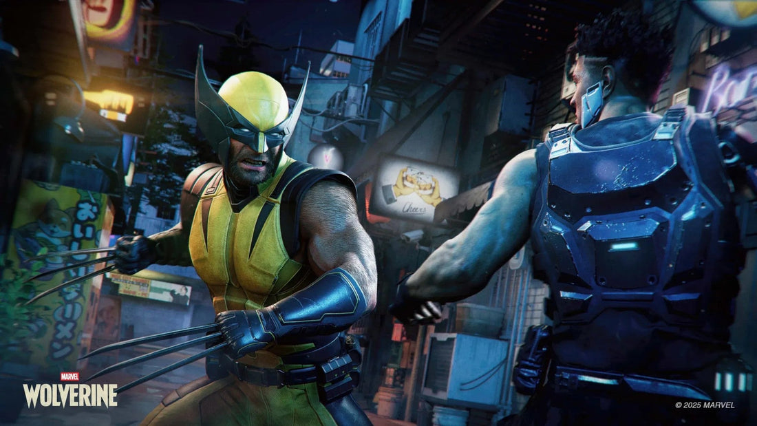 Wolverine in his yellow and blue suit with claws out, facing enemies in Marvel's Wolverine