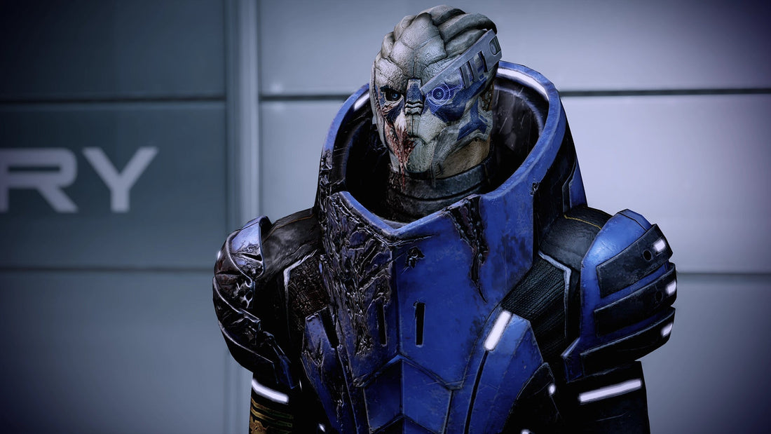 Garrus Vakarian in his blue Turian armor in Mass Effect Legendary Edition