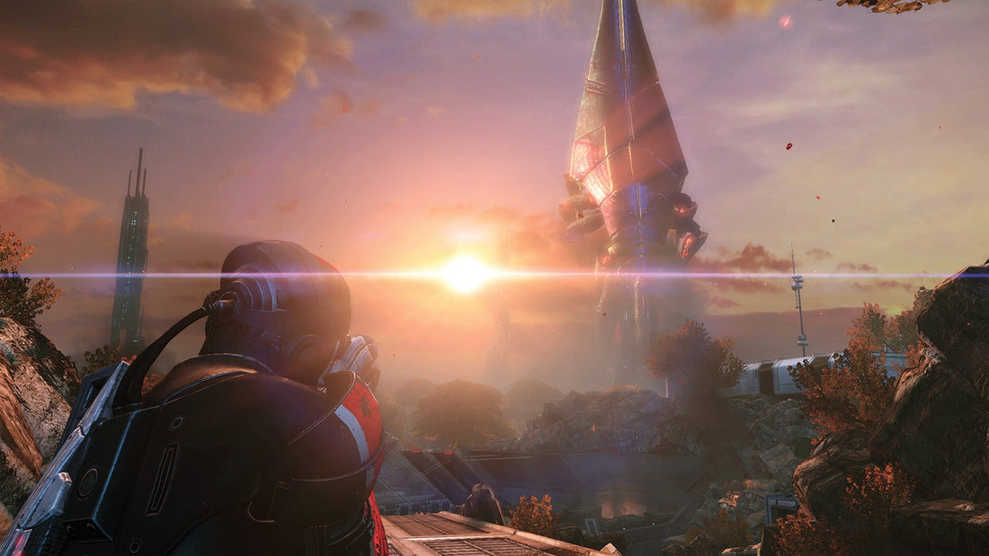 Commander Shepard watching the sun rise behind a Reaper in Mass Effect Legendary Edition