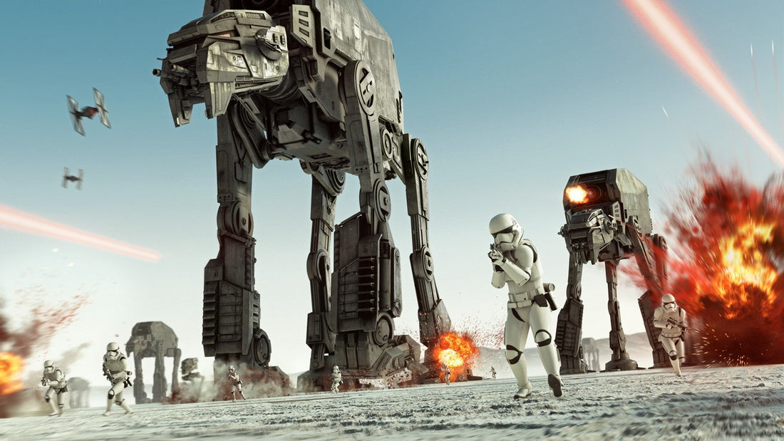 Imperial AT-AT walkers marching across the snow on Hoth in Star Wars Battlefront II