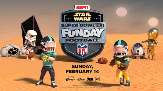 Star Wars Funday Football art with a stormtrooper, C-3PO and R2-D2 in football gear