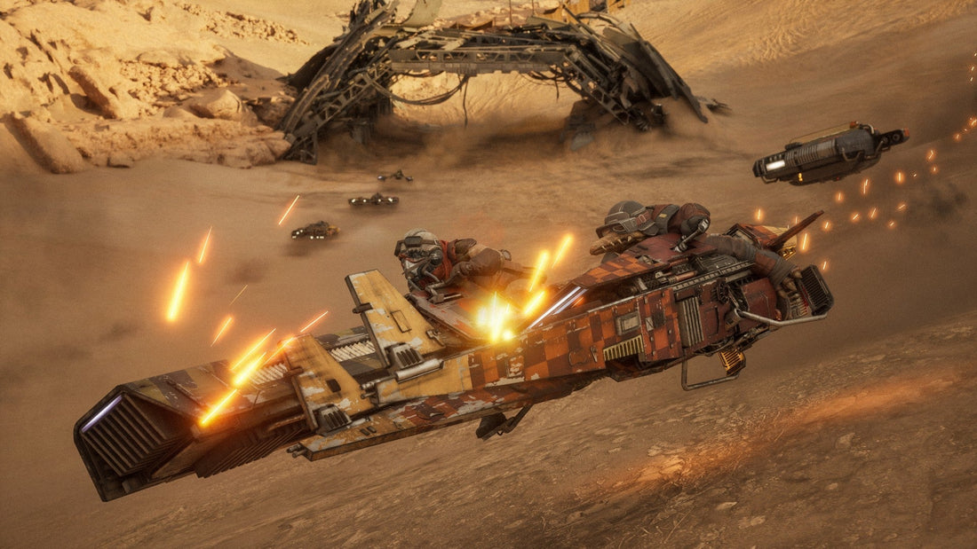 A racing speeder throwing sparks as it speeds across a desert track in Star Wars: Galactic Racer