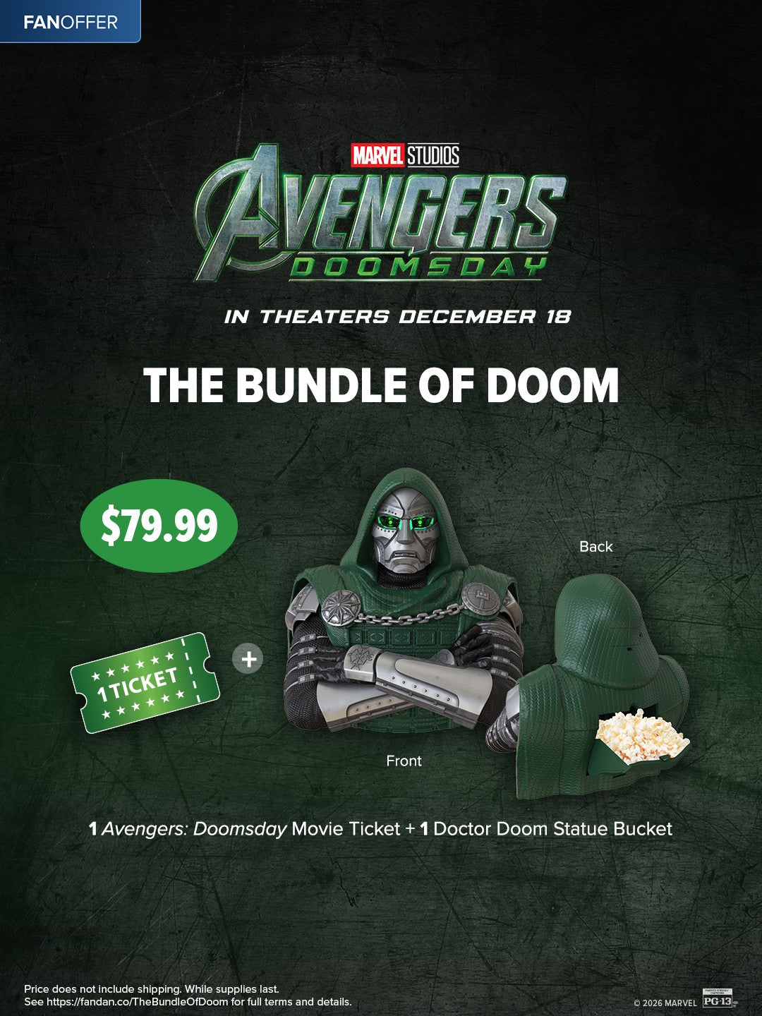 Fandango's Bundle of Doom with a movie ticket and a Doctor Doom statue popcorn bucket