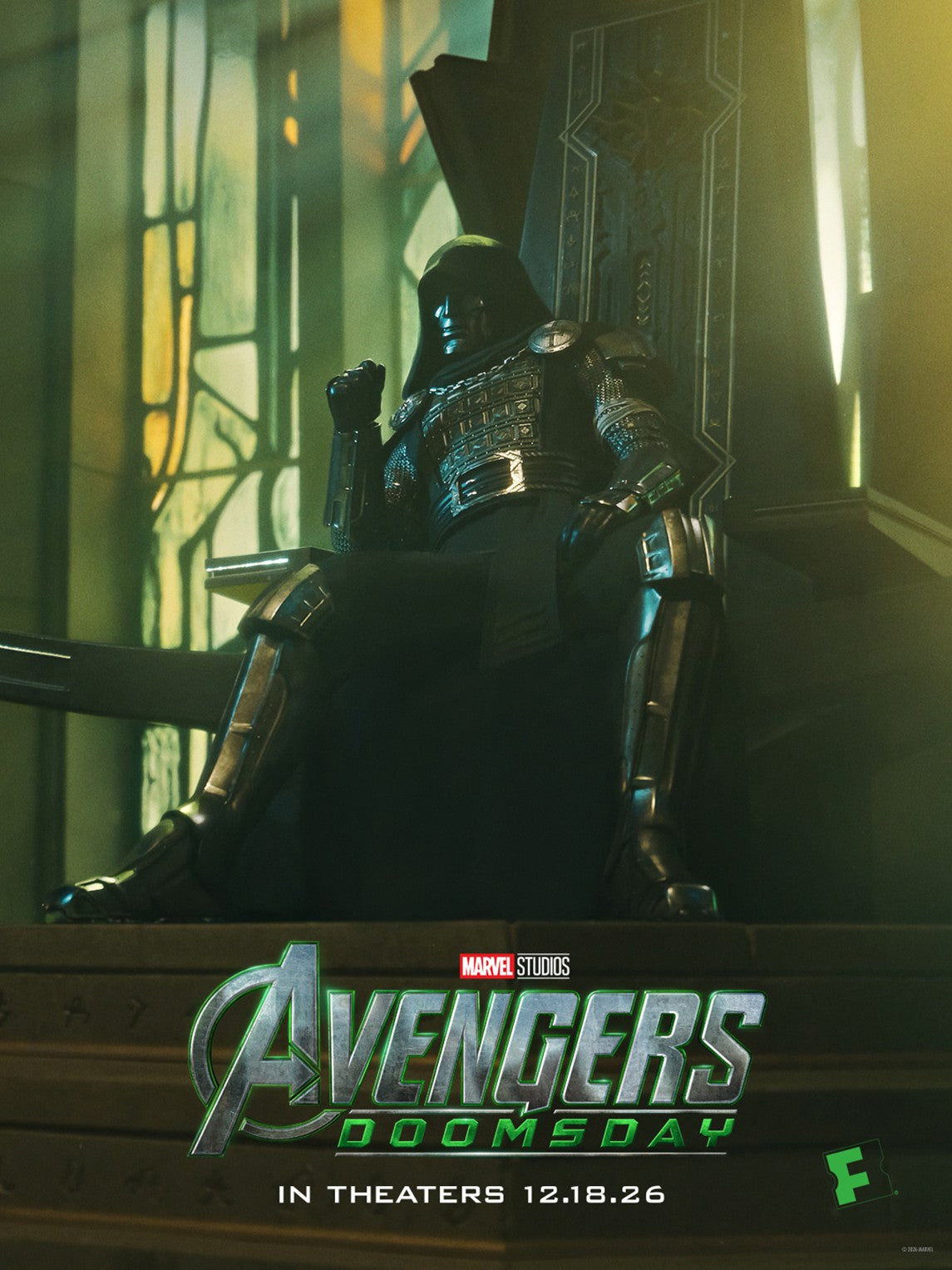 Doctor Doom sits on his throne under stained glass on the Fandango poster for Avengers: Doomsday