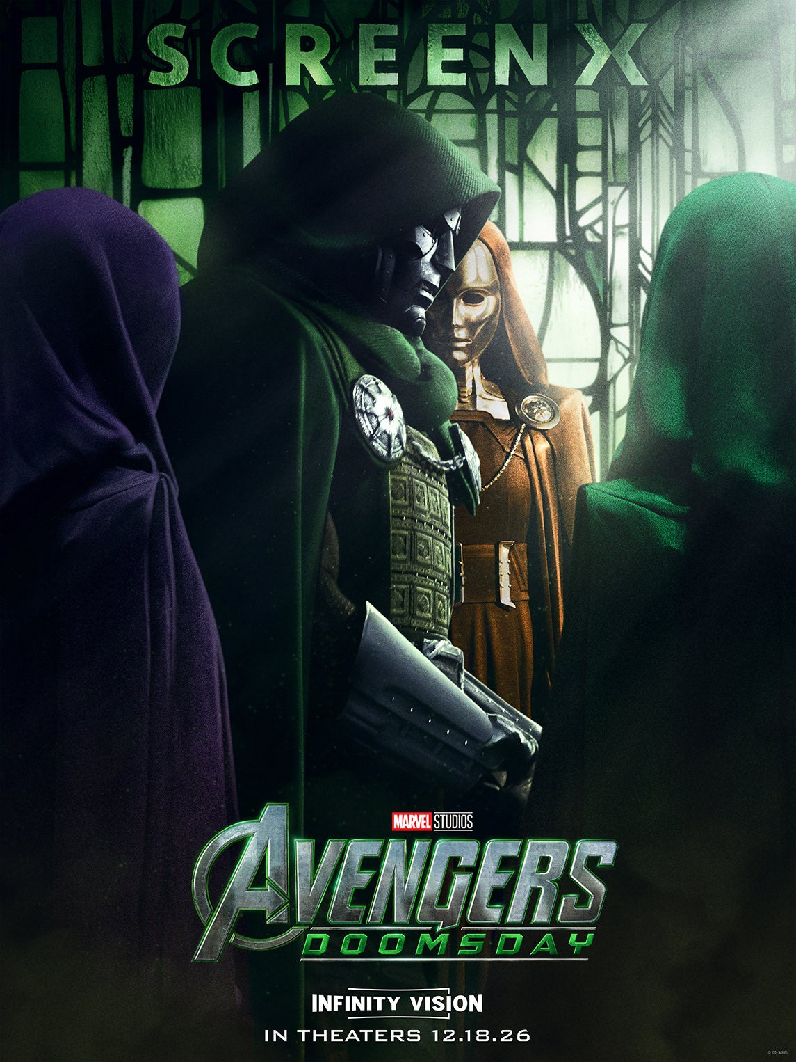 Doctor Doom stands with hooded figures in front of green stained glass on the ScreenX poster for Avengers: Doomsday