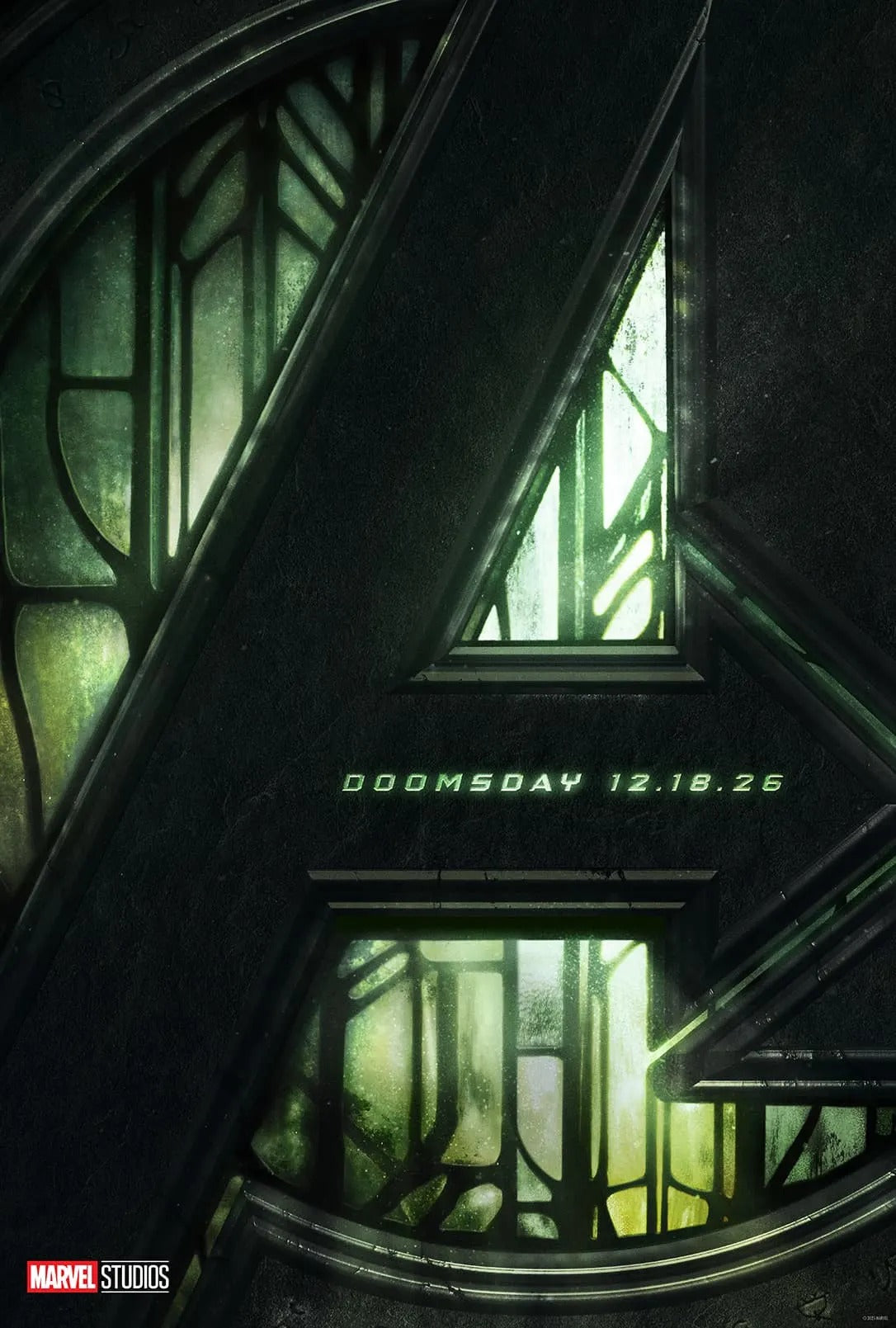 The Avengers: Doomsday teaser poster showing a green-lit Avengers logo with the date 12.18.26