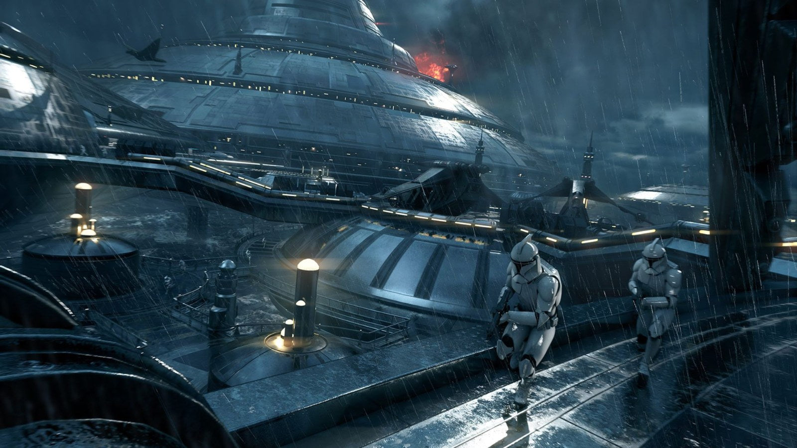 Clone troopers running across a walkway on Kamino in Star Wars Battlefront II