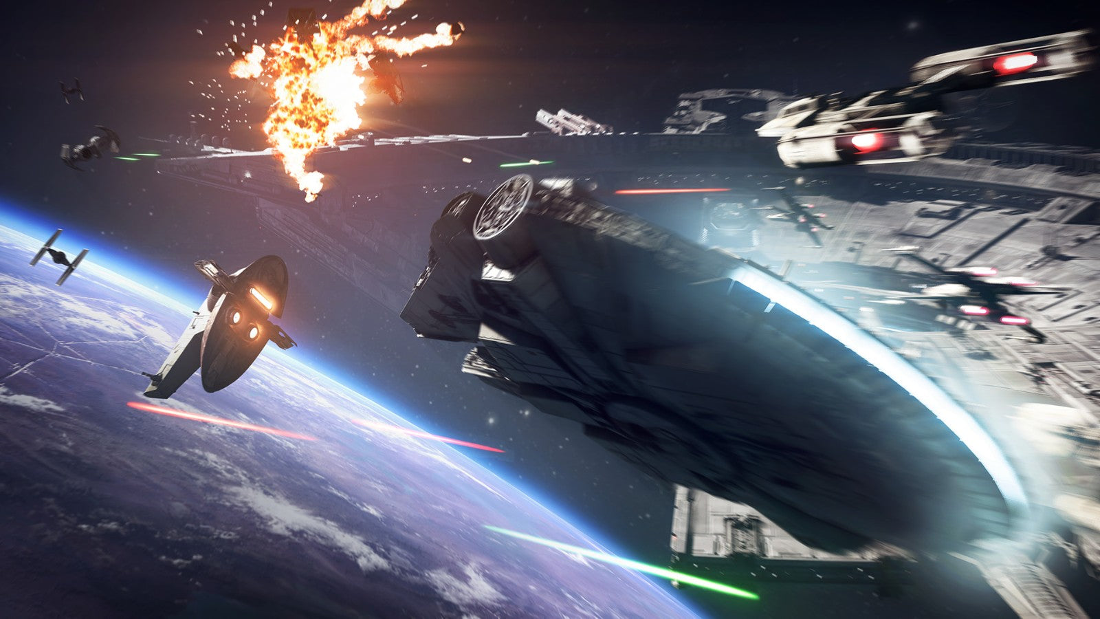 Starfighters battle around a capital ship above a planet in Star Wars Battlefront II