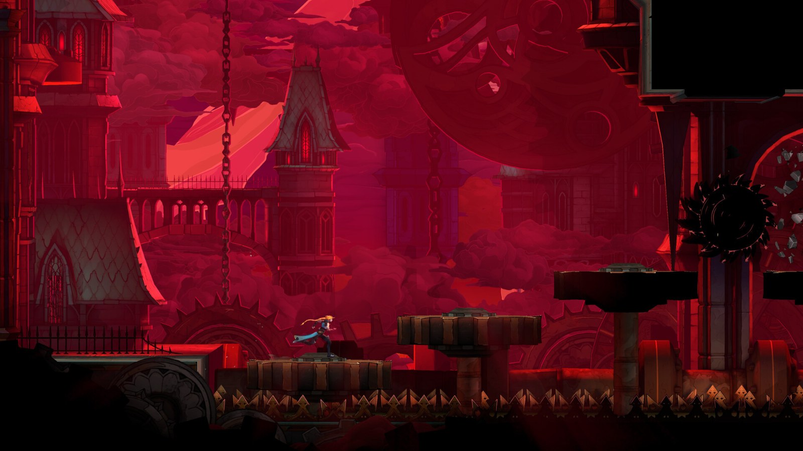A red-lit castle level in Castlevania: Belmont's Curse