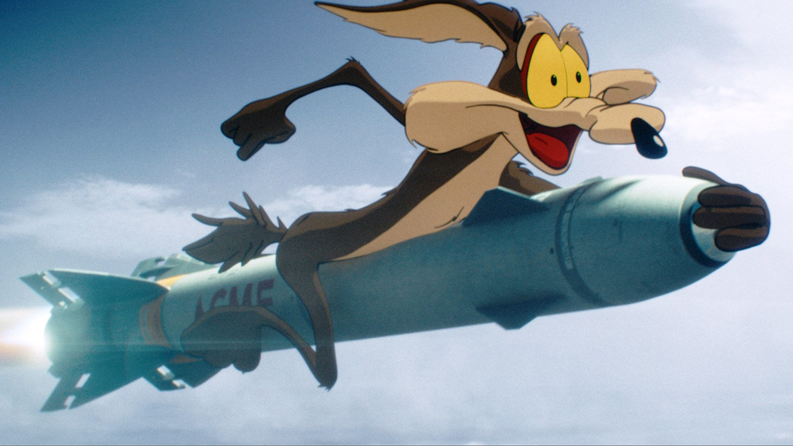 Wile E. Coyote riding an Acme rocket through the sky in Coyote vs. Acme