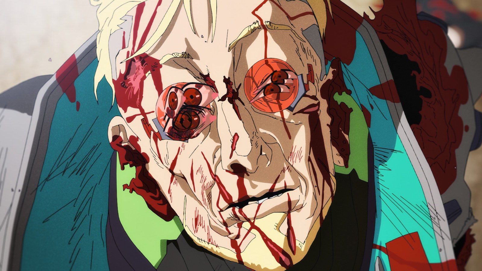 A bloodied Weak Kingsley in red glasses in Cyberpunk: Edgerunners 2