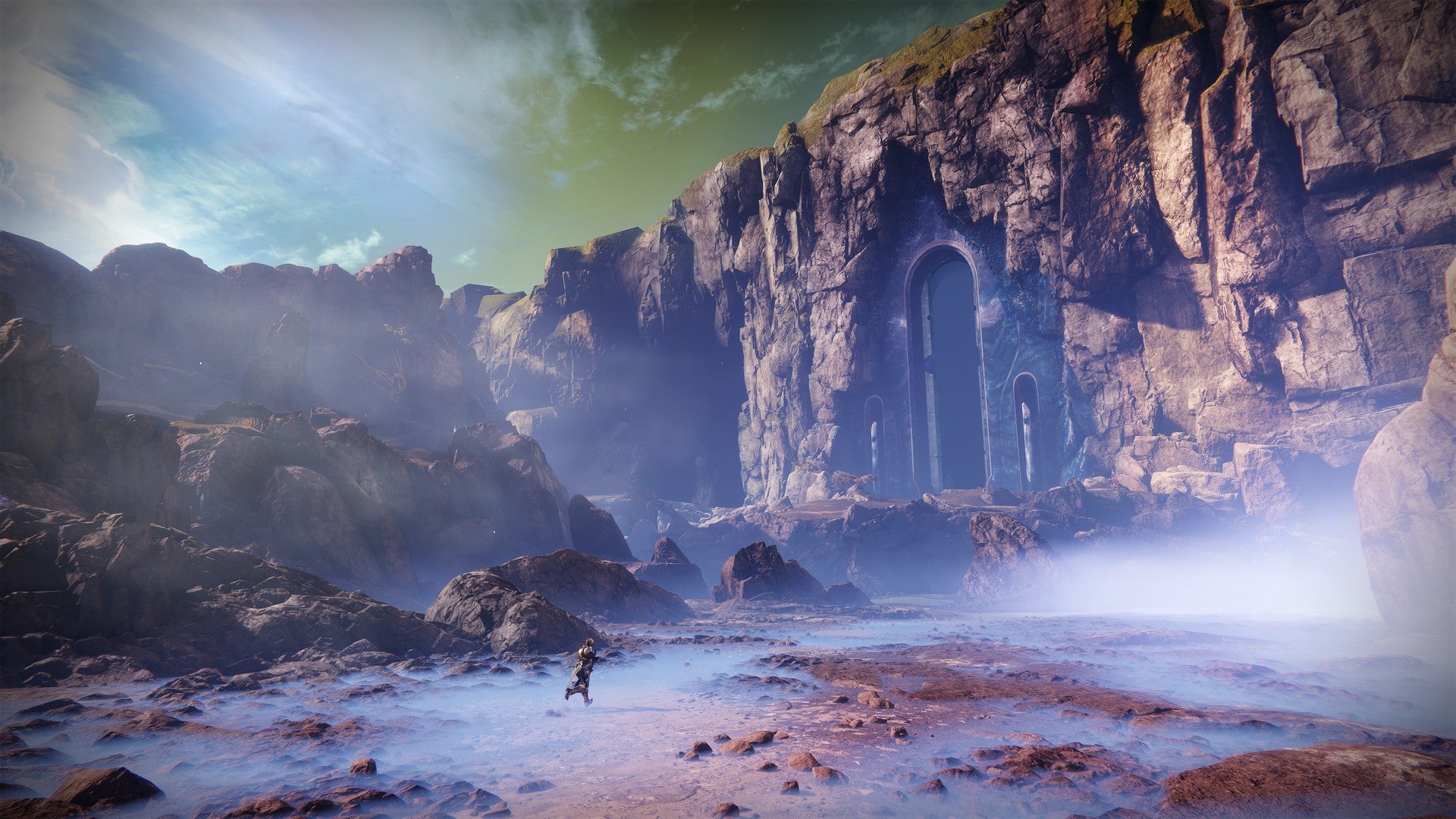 A Guardian explores a misty cliffside in Destiny 2: Forsaken