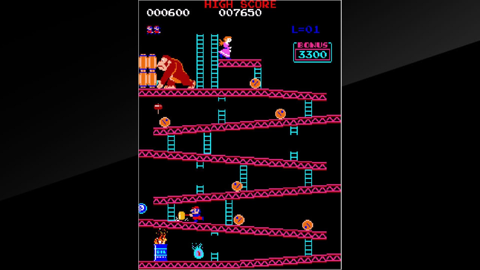 Jumpman climbs the girders toward Pauline in the 1981 Donkey Kong arcade game