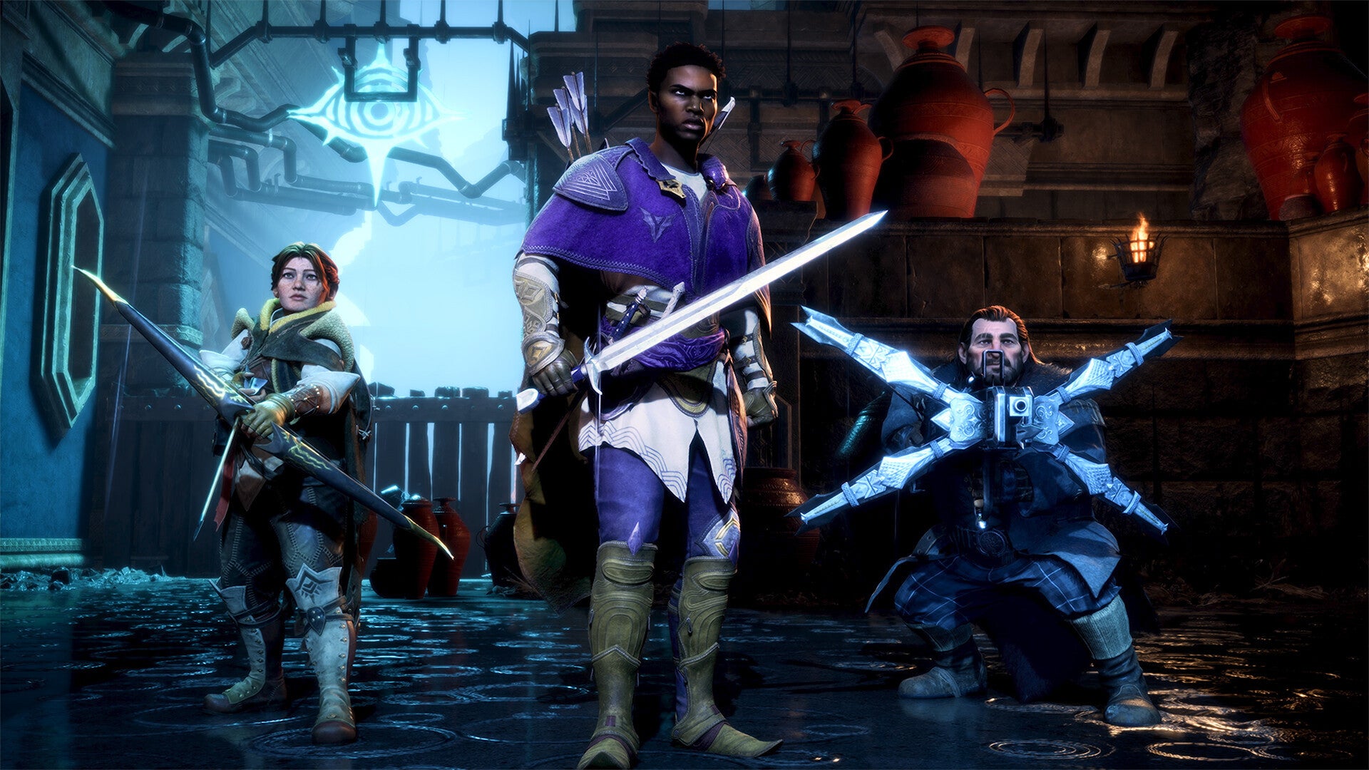Three Dragon Age: The Veilguard companions standing together with their weapons drawn