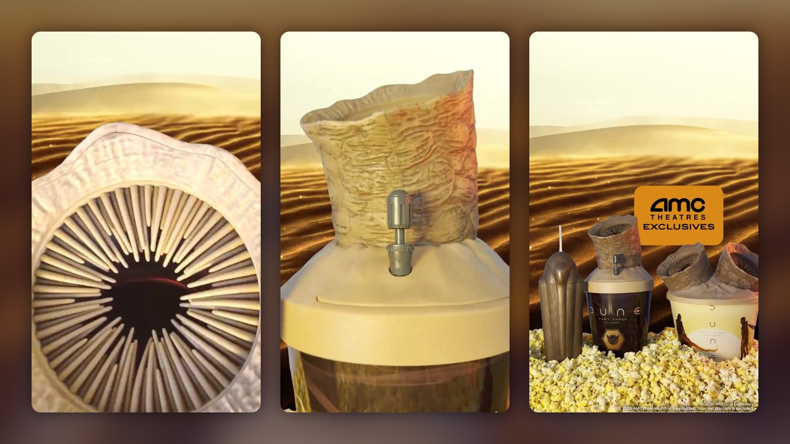 AMC's Dune: Part Three collectibles, including a sandworm mouth lid and a sandworm cup with a thumper