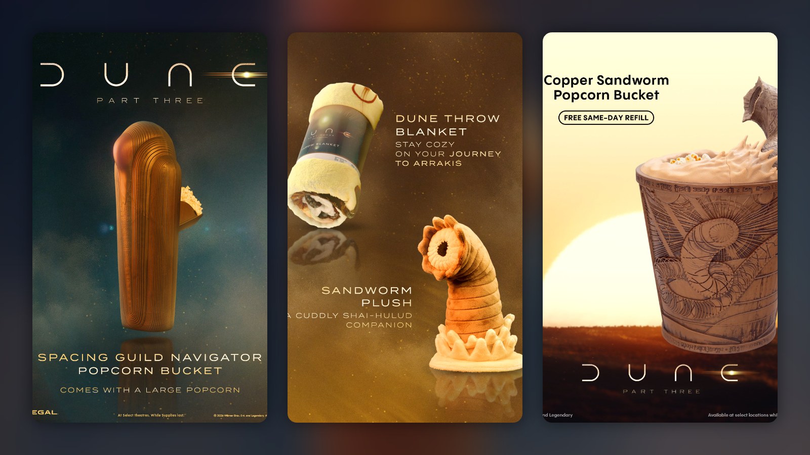 Regal's Spacing Guild Navigator popcorn bucket and sandworm plush next to Cinemark's Copper Sandworm popcorn bucket