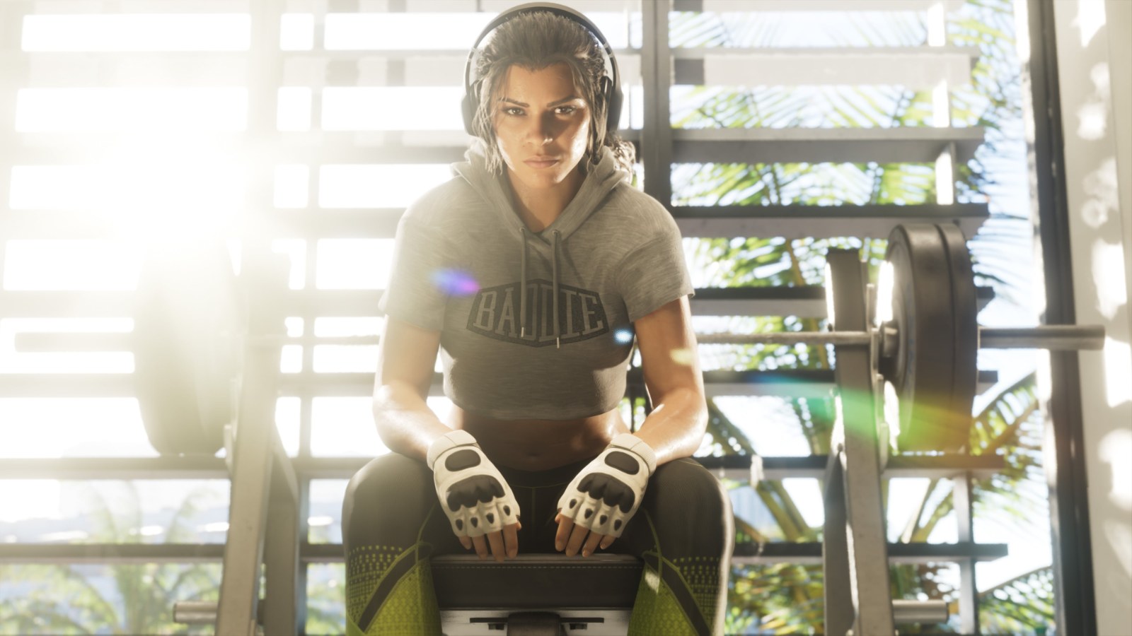 Lucia Caminos sitting on a weight bench in Grand Theft Auto VI