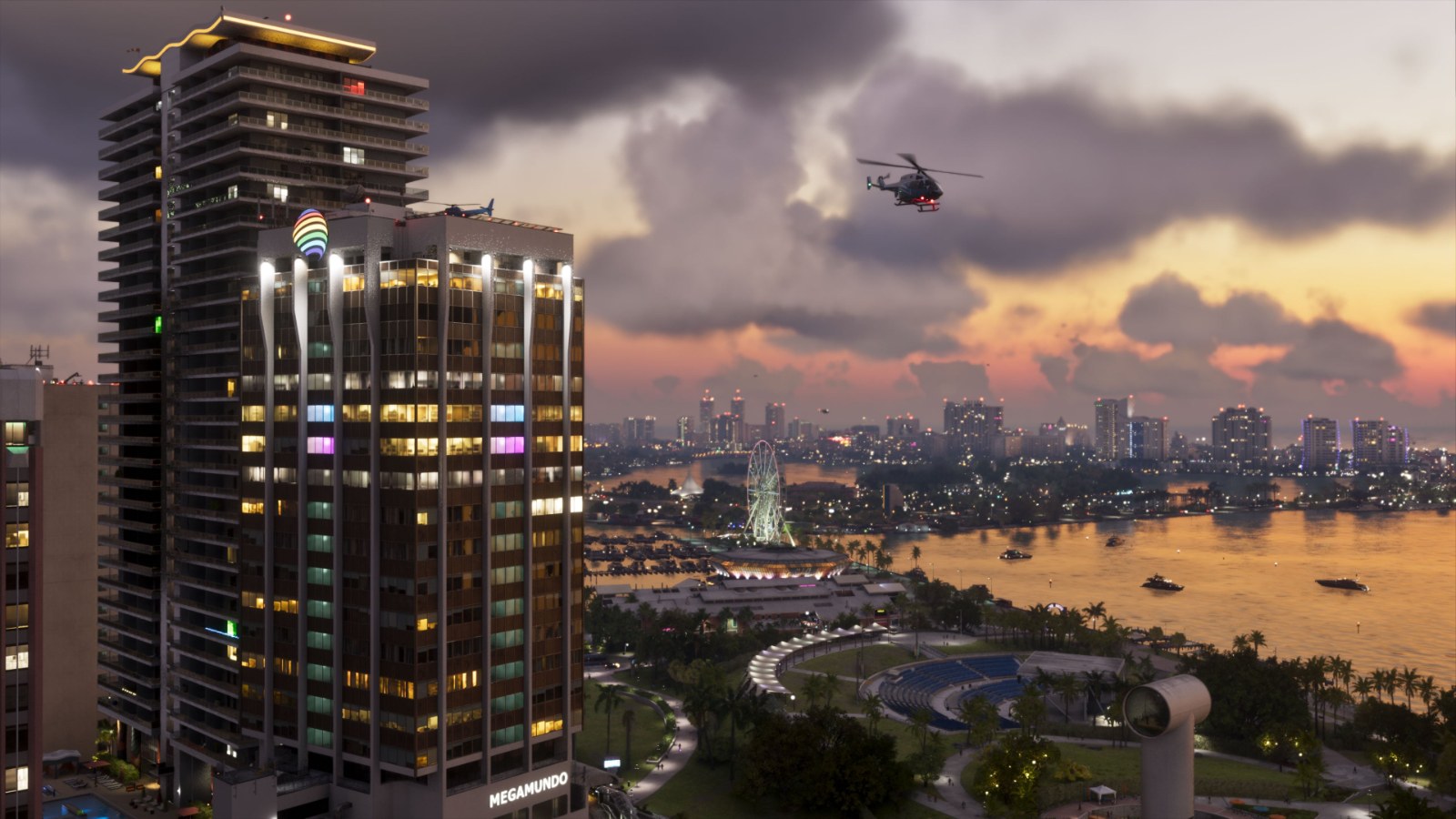 Vice City skyline at sunset in Grand Theft Auto VI