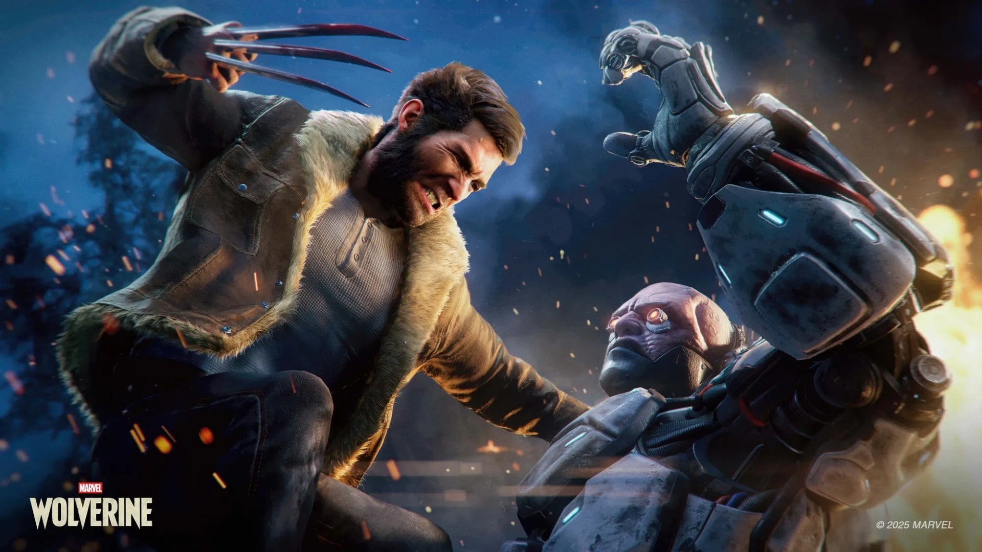 Logan in a fur-lined jacket slashing at robotic enemies in Marvel's Wolverine
