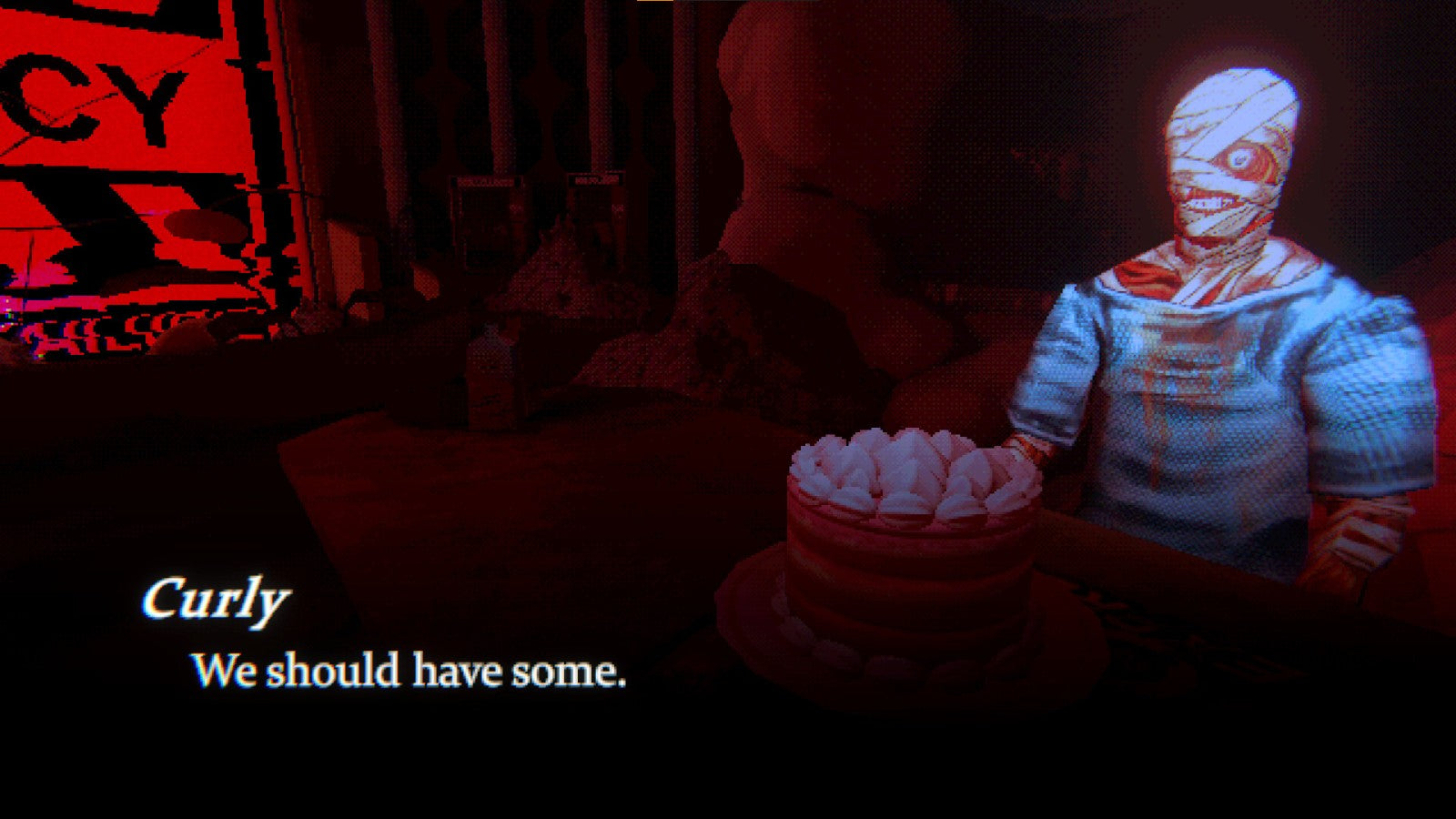 Captain Curly, wrapped in bandages, sits beside a cake in Mouthwashing