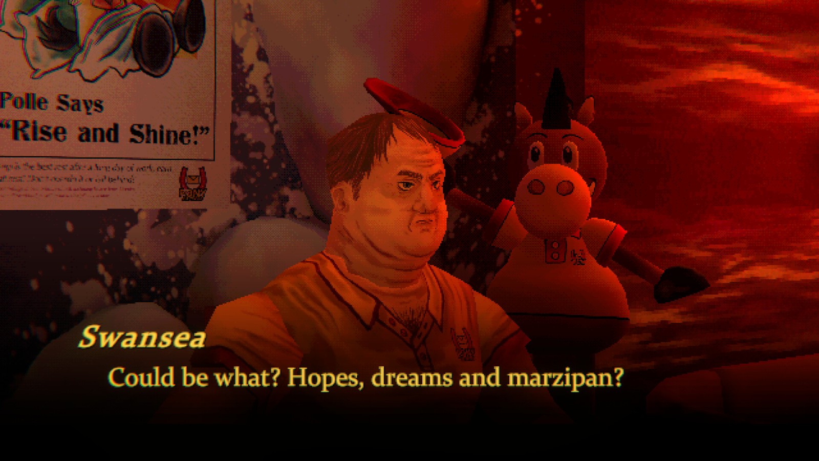 Swansea, a tired engineer, sits in his red-lit room on the Tulpar in Mouthwashing