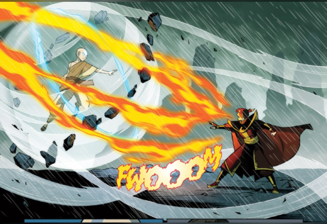 Aang and Fire Lord Zuko clash in a storm in The Promise