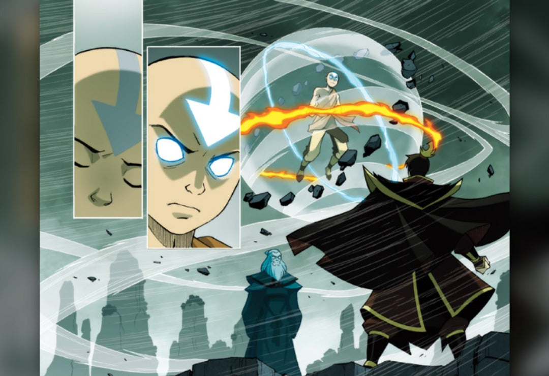 Aang in the Avatar State with Zuko and Avatar Roku in The Promise