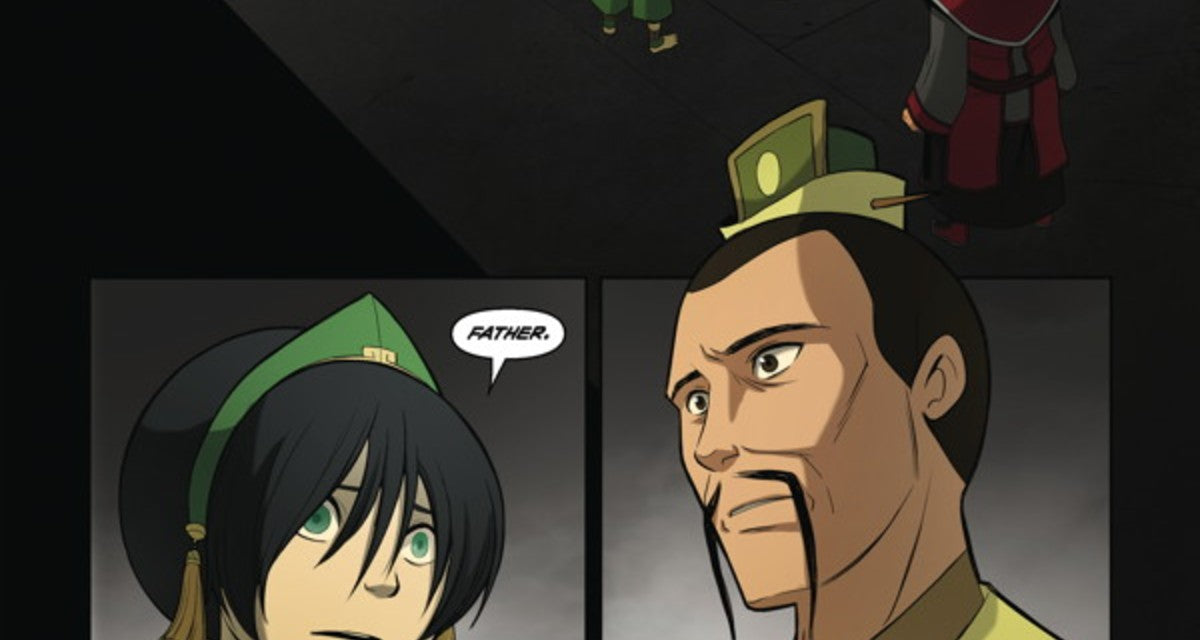 Toph faces her father Lao Beifong inside the refinery in The Rift