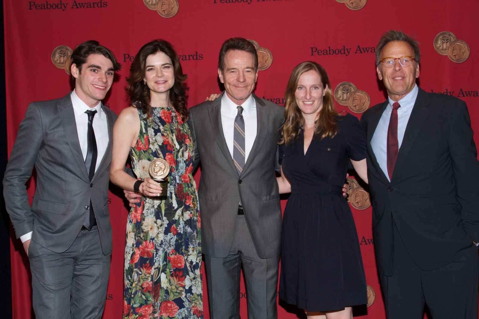 RJ Mitte with Betsy Brandt, Bryan Cranston and two Breaking Bad producers at the 2014 Peabody Awards