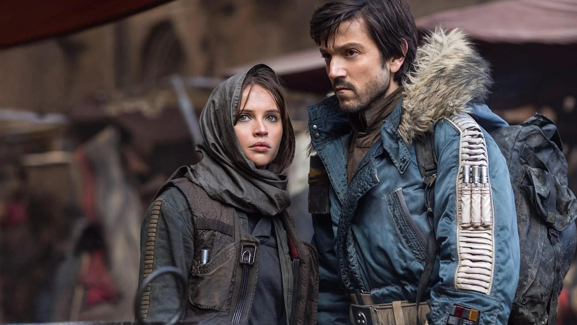 Jyn Erso and Cassian Andor on Jedha in Rogue One