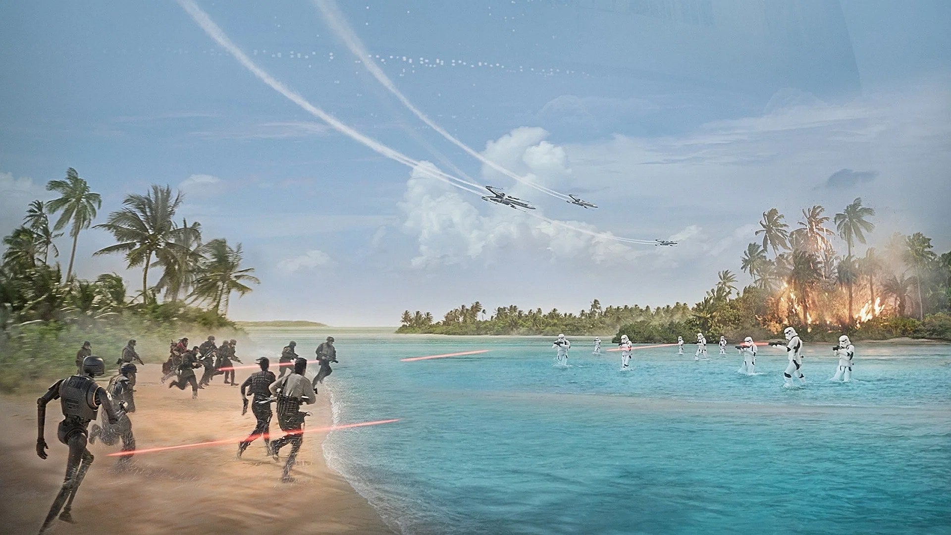 Rebel soldiers fight on the beaches of Scarif in Rogue One