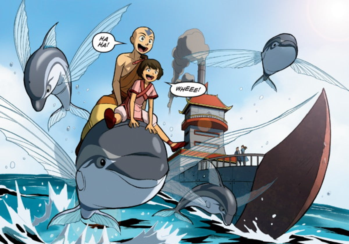 Aang and Kiyi ride a flying dolphin fish next to a Fire Nation ship in Smoke and Shadow