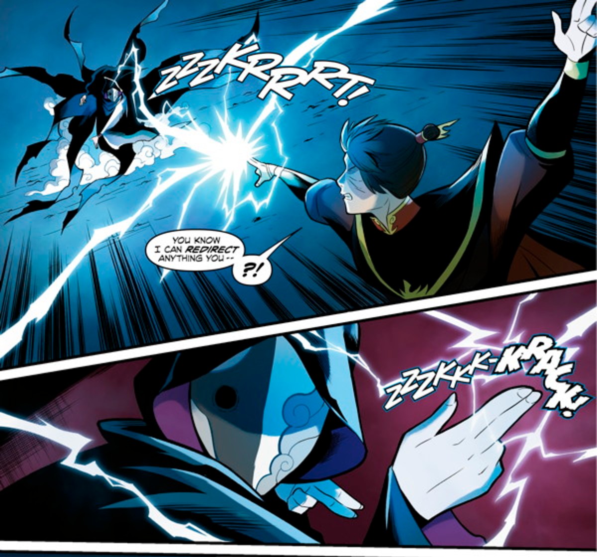 A firebender redirects a blast of lightning in Smoke and Shadow Part Three