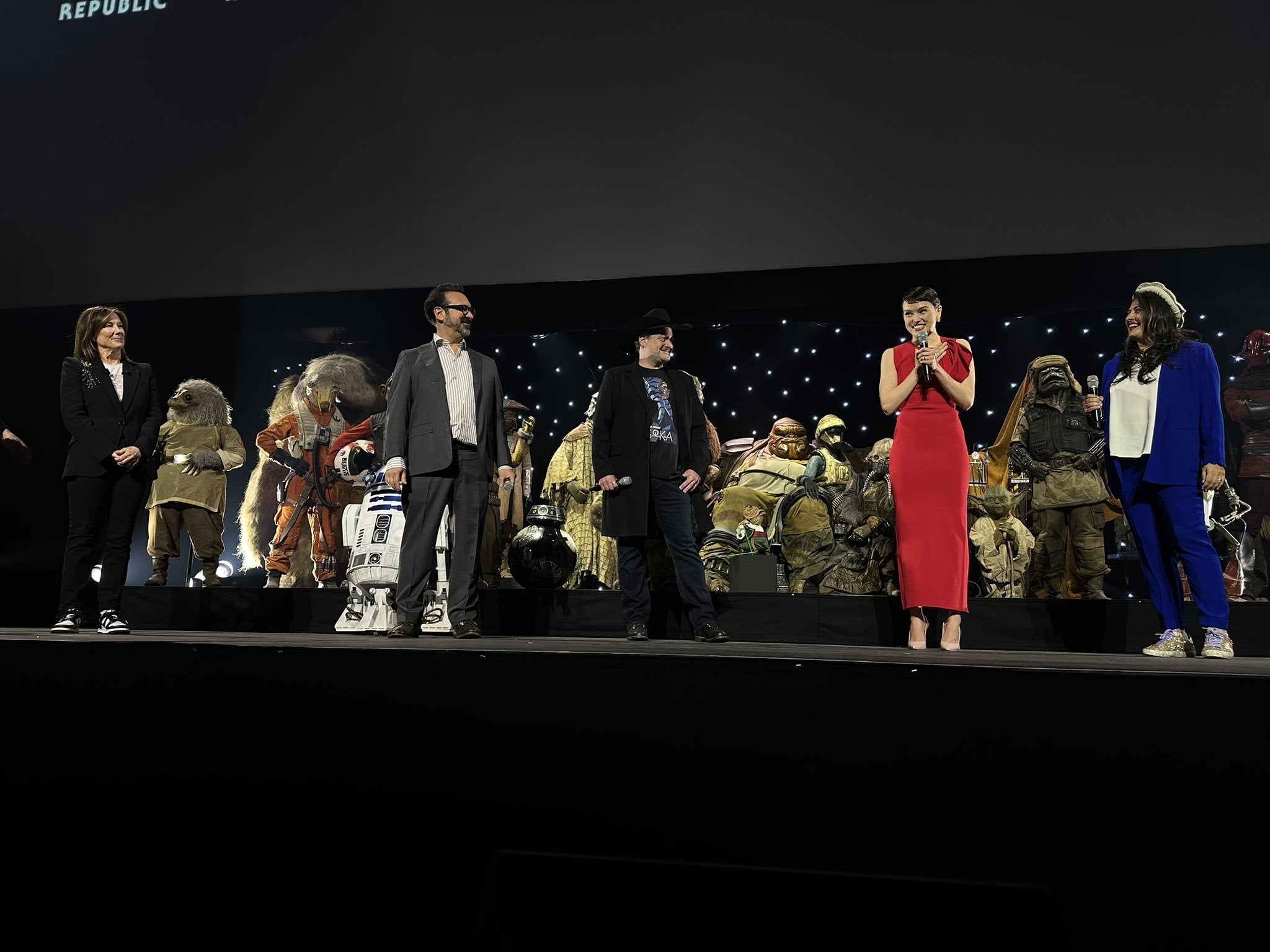 Daisy Ridley on stage with Kathleen Kennedy, James Mangold, Dave Filoni and Sharmeen Obaid-Chinoy at Star Wars Celebration 2023