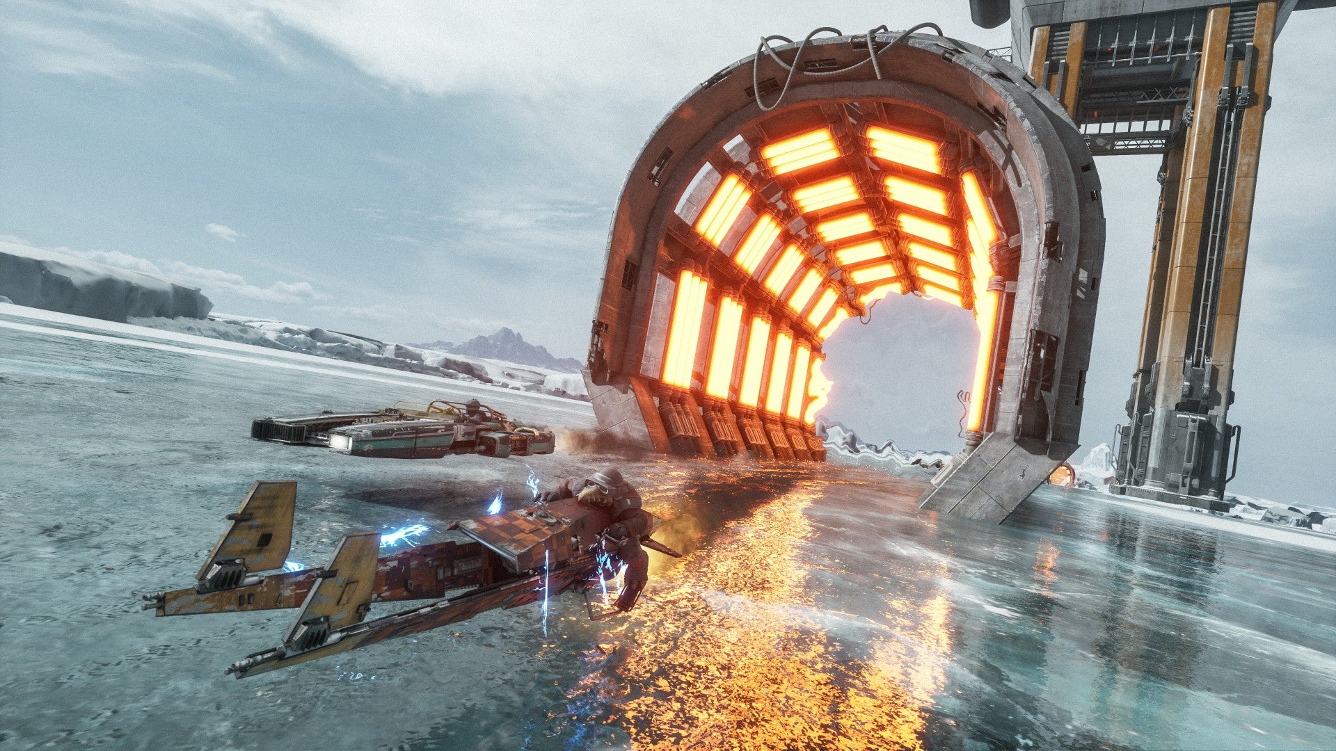 Speeders racing across a frozen track toward a glowing orange ring gate
