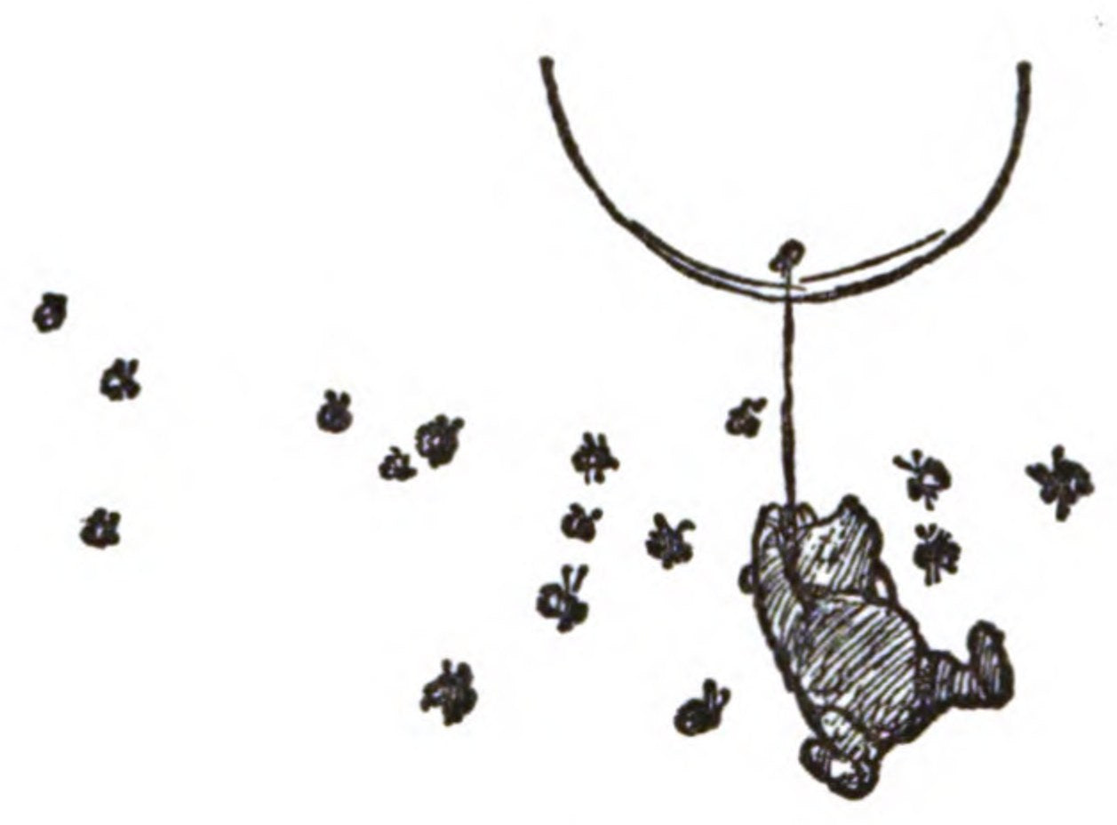 E.H. Shepard drawing of Winnie-the-Pooh floating up on a balloon surrounded by bees